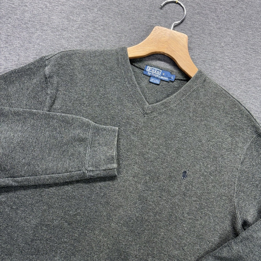 Vintage Polo Ralph Lauren Sweater Mens L Gray Pullover V-Neck Pony Logo Preppy